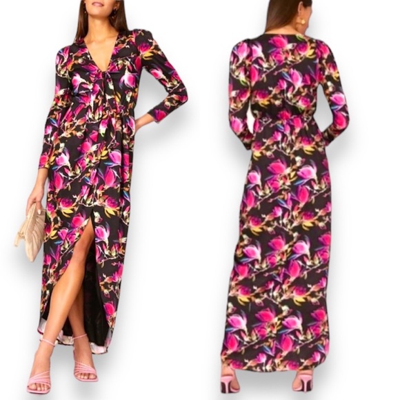 Delfi Collective Lindsay Colorful Floral Gown Dress Medium Keyhole Tie Front - Picture 2 of 15